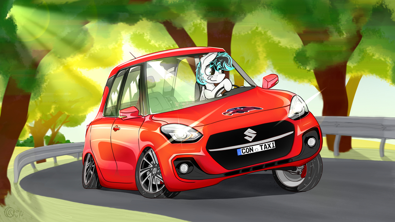 Size: 7680x4320 | Tagged: safe, artist:bumskuchen, derpibooru import, oc, oc:light jet, pegasus, pony, absurd resolution, blurry background, car, complex background, driving, image, jpeg, road, solo, suzuki, vehicle