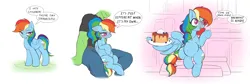 Size: 6268x2117 | Tagged: safe, artist:maretheory.exe, derpibooru import, rainbow dash, oc, oc:anon, human, pegasus, pony, angry, blushing, female, happy, image, long mane, looking at you, mare, png, pregnant, simple background, sitting, speech bubble, white background, wing hold, wings