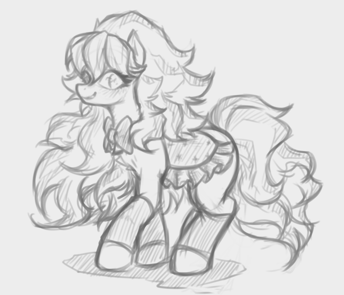 Size: 4811x4134 | Tagged: safe, artist:maretheory.exe, derpibooru import, candi (wild manes), image, looking at you, monochrome, png, saddle, simple background, sketch, smiling, solo, tack, white background, wild manes