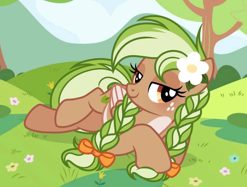 Size: 1611x1220 | Tagged: safe, artist:cstrawberrymilk, derpibooru import, oc, oc:sylvia evergreen, unofficial characters only, pegasus, pony, bangs, blue sky, bow, braid, braided pigtails, brown coat, coat markings, day, eyelashes, female, female oc, flower, flower in hair, freckles, gift art, grass, green mane, green tail, hair bow, image, jpeg, lidded eyes, looking away, lying down, mare, mare oc, mountain, mountain range, orange bow, outdoors, pigtails, prone, screencap background, show accurate, smiling, solo, tail, three quarter view, tied mane, tree, two toned mane, two toned tail