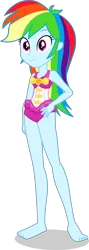 Size: 1460x4092 | Tagged: safe, alternate version, artist:dustinwatsongkx, derpibooru import, rainbow dash, human, equestria girls, g4, accessory swap, bare shoulders, barefoot, blue skin, clothes, clothes swap, feet, female, grin, hand down, hand on hip, image, jewelry, multicolored hair, one-piece swimsuit, pink eyes, pinkie pie swimsuit, png, rainbow hair, simple background, skirt, sleeveless, smiling, solo, swimsuit, swimsuit swap, transparent background, vector