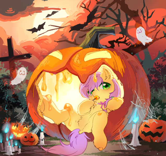 Size: 4165x3928 | Tagged: safe, alternate version, artist:三月, derpibooru import, oc, oc:plum blossoms, unofficial characters only, bat, earth pony, ghost, goo, pony, undead, blue fire, bowtie, bush, candle, candy, chest fluff, commission, cross, dawn, dead tree, dock, ear fluff, earth pony oc, female, fire, food, green eyes, halloween, high res, holiday, image, jack-o-lantern, lollipop, lying down, mare, moon, neck bow, nightmare night, on back, open mouth, outdoors, png, pubic fluff, pumpkin, purple mane, purple tail, ribbon, sky, solo, spider web, sucking, tail, tree, underhoof, ych result