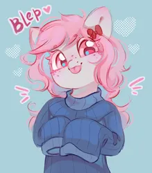 Size: 2362x2692 | Tagged: safe, artist:melodylibris, derpibooru import, oc, oc:krista pebble, unofficial characters only, earth pony, pony, :p, bow, bust, clothes, cute, female, freckles, hair bow, heart, image, jpeg, light blue background, looking at you, mare, ocbetes, simple background, smiling, smiling at you, solo, sweater, tongue out