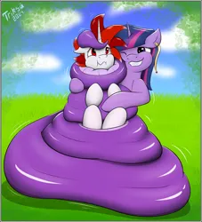 Size: 1818x2000 | Tagged: safe, alternate version, artist:triksa, derpibooru import, twilight sparkle, oc, oc:ryoku memori, lamia, original species, pony, snake, unicorn, alternate character, canon x oc, coils, grass, grin, happy, horn, hug, image, lamiafied, one eye closed, png, simple background, smiling, species swap, tail, tail wrap, wrapped up