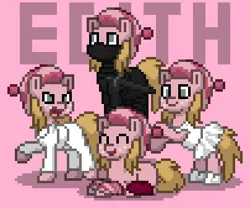 Size: 404x336 | Tagged: safe, derpibooru import, oc, ponified, unofficial characters only, earth pony, pony, pony town, ballet, blank flank, blonde, blonde mane, blonde tail, clothes, cute, despicable me, digital art, edith gru, female, freckles, group, image, karate, leggings, mane, ninja, pink, pink background, pink body, pixel art, png, quartet, simple background, tail