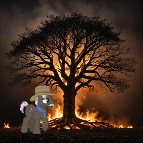 Size: 500x500 | Tagged: safe, ai content, derpibooru import, edit, edited screencap, machine learning assisted, machine learning generated, screencap, burnt oak, pony, g4, the perfect pear, fire, generator:hotpot.ai, image, male, my little pony, namesake, png, pun, solo, stallion, tree, visual pun