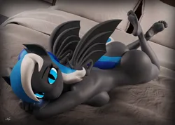 Size: 1200x853 | Tagged: suggestive, artist:kenaga, derpibooru import, oc, oc:diamond azure, unofficial characters only, anthro, bat pony, 3d, bat pony oc, bat wings, bed, bedroom, bedroom eyes, breasts, feet, fetish, foot fetish, image, jpeg, looking at you, lying down, soles, toes, wings