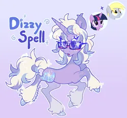 Size: 2153x1995 | Tagged: safe, artist:bishopony, derpibooru import, derpy hooves, twilight sparkle, oc, oc:dizzy spell, pegasus, pony, unicorn, g4, blush scribble, blushing, coat markings, colored pupils, female, freckles, fusion, fusion:derpy hooves, fusion:twilight sparkle, glasses, gradient background, horn, image, long eyelashes, mare, name, png, signature, socks (coat marking), solo, sparkles, standing, standing on one leg, unshorn fetlocks