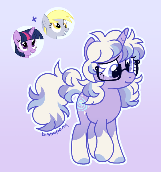 Size: 917x977 | Tagged: safe, artist:bishopony, derpibooru import, derpy hooves, twilight sparkle, oc, oc:dizzy spell, pegasus, pony, unicorn, g4, coat markings, colored hooves, female, fusion, fusion:derpy hooves, fusion:twilight sparkle, glasses, gradient background, hooves, horn, image, mare, png, show accurate, signature, socks (coat marking), solo, wall eyed