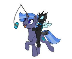 Size: 922x754 | Tagged: safe, artist:mileslancer, derpibooru import, oc, oc:loki, oc:twinkleshine, changeling, pony, unicorn, drink, energy drink, horn, image, lure, male, monster energy, ms paint, png, riding, silly, silly pony, simple background, stick, string, tongue out