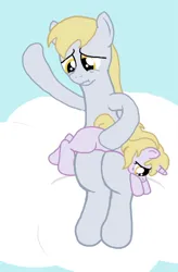 Size: 327x500 | Tagged: safe, derpibooru import, derpy hooves, dinky hooves, pegasus, pony, unicorn, g4, cloud, discipline, duo, duo female, female, filly, foal, horn, image, mare, mother and child, mother and daughter, on a cloud, over the knee, png, punishment, sad, sitting, sitting on cloud, sky, spanking