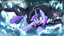 Size: 3840x2160 | Tagged: safe, artist:skullfroggy, derpibooru import, oc, oc:flawless sparklemoon, unofficial characters only, pony, unicorn, 4k, cape, clothes, female, fusion, fusion:trixie, fusion:twilight sparkle, fusion:twixie, hat, high res, horn, image, mare, my little pony the movie: the death of twilight sparkle, open mouth, open smile, png, signature, smiling, solo, starry eyes, top hat, wingding eyes