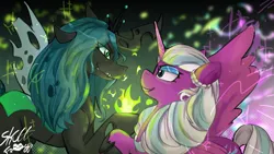 Size: 3840x2160 | Tagged: safe, artist:skullfroggy, derpibooru import, queen chrysalis, alicorn, changeling, changeling queen, pony, g4, g5, 4k, commission, duo, duo female, female, fire, green fire, grin, height difference, high res, image, jpeg, looking at each other, looking at someone, mare, opaline arcana, signature, smiling, spread wings, wings