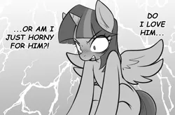 Size: 3479x2279 | Tagged: safe, artist:maretheory.exe, derpibooru import, twilight sparkle, twilight sparkle (alicorn), alicorn, pony, angry, blushing, female, grayscale, image, mare, monochrome, png, sitting, thinking