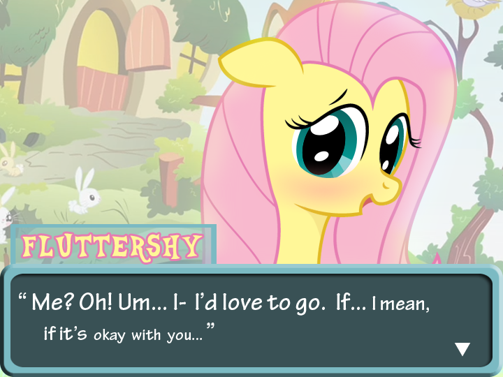 Size: 720x540 | Tagged: safe, artist:why485, derpibooru import, angel bunny, fluttershy, pegasus, pony, g4, blushing, dating sim, image, png, text