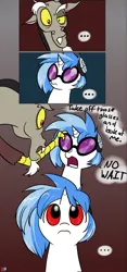 Size: 1000x2128 | Tagged: safe, artist:valcron, derpibooru import, edit, discord, vinyl scratch, unicorn, g4, cropped, horn, image, png, red eyes, speech bubble, vinyl's glasses