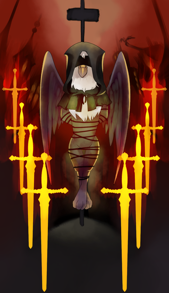 Size: 965x1667 | Tagged: semi-grimdark, artist:gashiboka, derpibooru import, gryphon, bondage, burning at the stake, eight of spades, eight of swords, everfree tarot, execution, fire, image, imminent death, minor arcana, png, solo, stake, sword, tarot, tarot card, unsexy bondage, weapon