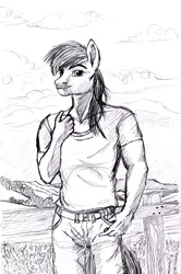 Size: 2177x3281 | Tagged: safe, artist:ciaran, derpibooru import, big macintosh, anthro, earth pony, g4, belt, clothes, cloud, derpibooru exclusive, fence, field, flower, hill, image, looking at you, male, monochrome, pants, pen drawing, png, shirt, simple background, smiling, t-shirt, traditional art, tree, white background