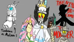 Size: 640x360 | Tagged: safe, artist:lianatheowl, derpibooru import, idw, discord, fluttershy, oc, oc:melinoe, hybrid, pony, blue eyes, book, clothes, crown, discoshy, dress, female, greek, greek clothes, greek mythology, hades, husband and wife, image, interspecies offspring, jewelry, jpeg, male, my little pony classics reimagined: the odyssey, offspring, parent:discord, parent:fluttershy, parents:discoshy, persephone, regalia, shipping, snaggletooth, straight