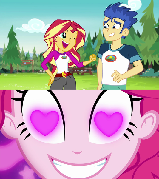 Size: 1280x1440 | Tagged: safe, derpibooru import, edit, edited screencap, screencap, flash sentry, pinkie pie, sunset shimmer, human, coinky-dink world, eqg summertime shorts, equestria girls, g4, camp everfree outfits, female, flashimmer, image, male, meme, my little pony equestria girls: better together, my little pony equestria girls: legend of everfree, my little pony equestria girls: summertime shorts, one eye closed, pine tree, pinkie's eyes, png, punch, shipping, smiling, straight, tree, wink