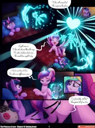 Size: 3540x4757 | Tagged: safe, artist:lummh, artist:whitequartztheartist, derpibooru import, princess cadance, princess celestia, shining armor, smarty pants, twilight sparkle, alicorn, pony, unicorn, comic:the princess of love, g4, absurd resolution, comic, crown, doll, female, filly, filly twilight sparkle, foal, heart, horn, image, jewelry, magic, male, mare, mirror, png, regalia, singing, speech bubble, stallion, teen princess cadance, toy, unicorn twilight, younger