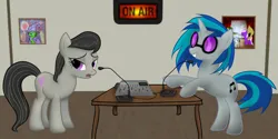 Size: 1792x896 | Tagged: safe, artist:zonra, derpibooru import, octavia melody, vinyl scratch, oc, earth pony, pony, unicorn, fanfic, g4, 2011, horn, image, microphone, old art, png, radio show, vinyl's glasses