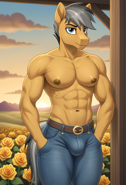 Size: 6656x9728 | Tagged: suggestive, ai content, derpibooru import, generator:autismmixconfetti, machine learning generated, prompter:kovasfox, stable diffusion, quibble pants, anthro, earth pony, g4, belt, blue eyes, clothes, crotch bulge, denim, flower, image, jeans, looking at you, male, male focus, male nipples, males only, muscles, muscular male, nipples, nudity, pants, partial nudity, png, solo, solo focus, solo male, sunset, thighs, thunder thighs, topless