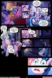 Size: 3540x5309 | Tagged: safe, artist:lummh, artist:whitequartztheartist, derpibooru import, night light, princess cadance, princess celestia, shining armor, twilight velvet, alicorn, pony, unicorn, comic:the princess of love, g4, absurd resolution, comic, crown, female, hoof shoes, horn, image, jewelry, male, mare, peytral, png, princess shoes, regalia, sparkles, sparkly mane, sparkly tail, speech bubble, stallion, tail, teen princess cadance, younger