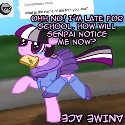 Size: 800x800 | Tagged: safe, artist:thedragenda, derpibooru import, oc, oc:ace, earth pony, pony, ask-acepony, bread, clothes, female, food, image, mare, mouth hold, png, schoolgirl toast, skirt, solo, toast