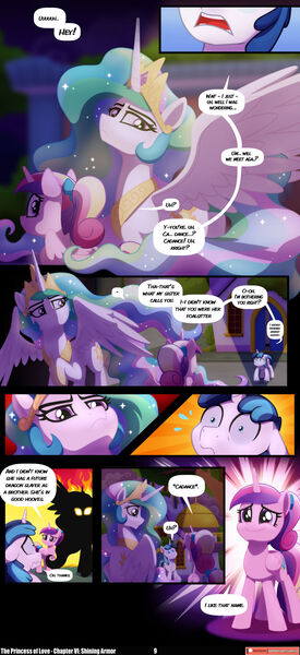 Size: 1280x2792 | Tagged: safe, artist:lummh, artist:whitequartztheartist, derpibooru import, princess cadance, princess celestia, shining armor, alicorn, pony, unicorn, comic:the princess of love, g4, absurd resolution, colt, colt shining armor, comic, crown, female, hoof shoes, horn, image, jewelry, jpeg, male, mare, peytral, princess shoes, regalia, ship:shiningcadance, shipping, speech bubble, stallion, straight, teen princess cadance, younger