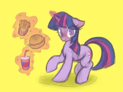 Size: 6405x4799 | Tagged: safe, artist:maretheory.exe, derpibooru import, twilight sparkle, pony, unicorn, blushing, burger, drink, female, food, french fries, hay burger, horn, image, looking at you, magic, magic aura, mare, nervous, png, simple background, soda, surprised, twilight burgkle, yellow background