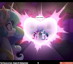 Size: 3540x3104 | Tagged: safe, artist:lummh, artist:whitequartztheartist, derpibooru import, princess cadance, princess celestia, shining armor, alicorn, pegasus, pony, unicorn, comic:the princess of love, g4, colt, colt shining armor, crown, female, heart, high res, horn, image, jewelry, male, mare, peytral, png, regalia, ship:shiningcadance, shipping, speech bubble, stallion, straight, teen princess cadance, younger