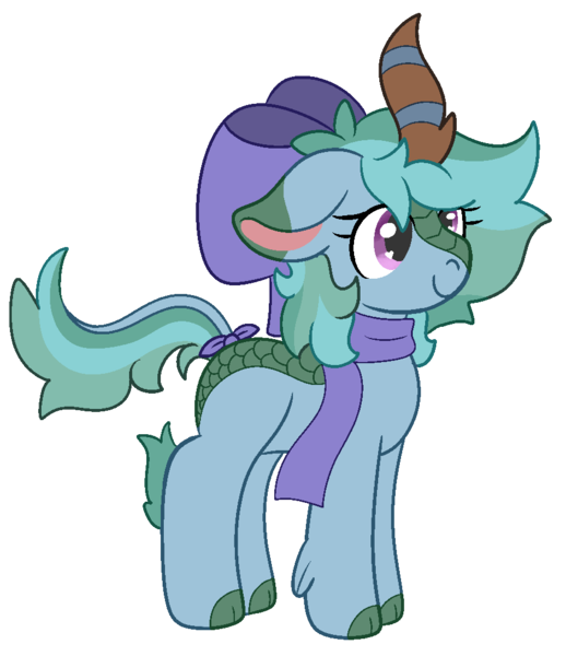 Size: 916x1062 | Tagged: safe, artist:mimiqq, derpibooru import, oc, oc:dewshine (kirin), unofficial characters only, kirin, pony, bow, clothes, cloven hooves, derpibooru exclusive, female, hair bow, image, kirin oc, mare, png, scales, scarf, simple background, smiling, solo, tail, tail bow, transparent background