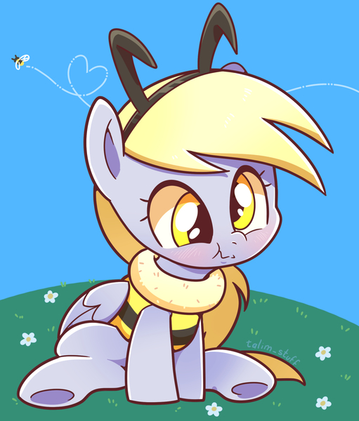 Size: 1200x1409 | Tagged: safe, artist:talimingi, derpibooru import, derpy hooves, bee, insect, pegasus, pony, g4, animal costume, antennae, bee costume, blushing, clothes, costume, cute, derpabetes, female, flight trail, flower, headband, heart, image, jpeg, mare, scrunchy face, sitting, solo, underhoof, weapons-grade cute