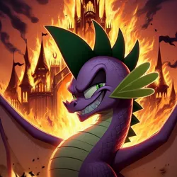 Size: 1024x1024 | Tagged: safe, ai content, alternate version, derpibooru import, machine learning generated, spike, dragon, g5, burning, canterlot, dragon lord spike, evil grin, evil spike, fallen hero, fire, g5 collapse of equestria, grin, image, jpeg, male, opaline's boss, salamandra(spike), smiling, the real mastermind