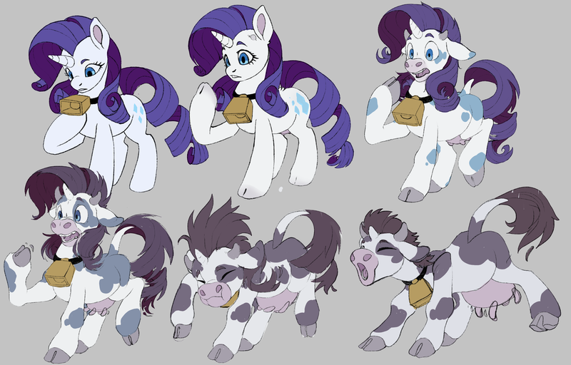 Size: 3000x1920 | Tagged: suggestive, artist:atcpony, derpibooru import, rarity, cow, pony, unicorn, g4, bell, bell collar, cloven hooves, collar, cowbell, cowified, female, horn, horns, image, impossibly large udder, mare, open mouth, png, raricow, simple background, solo, species swap, transformation, transformation sequence, udder, unwilling transformation