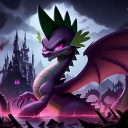 Size: 1024x1024 | Tagged: safe, ai content, alternate version, derpibooru import, spike, dragon, g5, castle, dark magic, dragon lord spike, evil grin, fallen hero, grin, image, jpeg, magic, male, opaline's boss, salamandra(spike), smiling