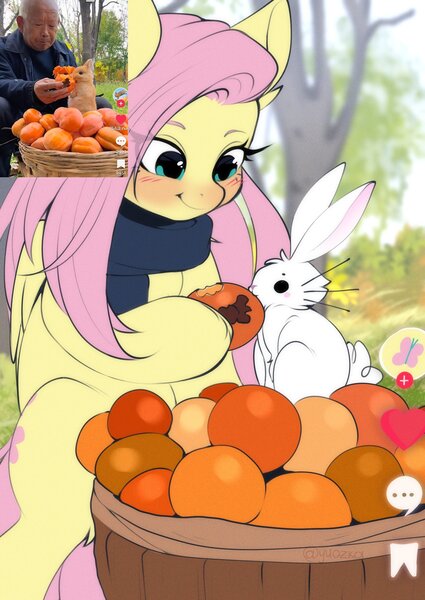 Size: 1700x2400 | Tagged: safe, artist:yuozka, derpibooru import, angel bunny, fluttershy, ponified, pegasus, pony, rabbit, g4, animal, blushing, clothes, cute, feeding, female, image, jpeg, mare, persimmon, scarf, squatting