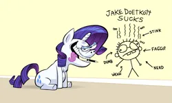 Size: 2279x1370 | Tagged: safe, artist:hotdiggedydemon, rarity, pony, unicorn, belly, breasts, butt, doodle, female, glasses, holding object, horn, horn boner, human breasts on pony, image, insult, looking at you, mare, object in mouth, pen, plot, png, solo, text, tongue out, vulgar, wall writing