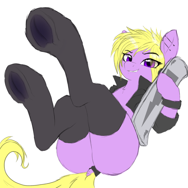 Size: 1000x1000 | Tagged: safe, artist:soff, derpibooru import, oc, oc:silver flank, unofficial characters only, earth pony, pony, butt, clothes, dock, dock piercing, ear piercing, earth pony oc, image, jacket, piercing, pink coat, plot, png, purple eyes, simple background, skateboard, socks, solo, stockings, tail, tail piercing, thigh highs, transparent background, underhoof, wristband, yellow mane