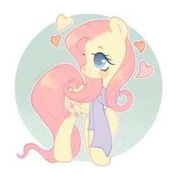 Size: 2000x2000 | Tagged: safe, artist:dreamyveon_, derpibooru import, fluttershy, pegasus, pony, g4, clothes, female, heart, image, jpeg, looking back, mare, scarf, smiling, solo