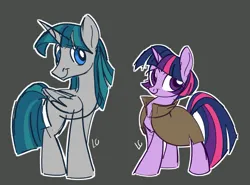 Size: 2253x1668 | Tagged: safe, artist:ladictadora, derpibooru import, stygian, twilight sparkle, alicorn, pony, unicorn, g4, alternate universe, cloak, clothes, dark background, duo, duo male and female, female, gray background, horn, image, male, mare, png, simple background, stallion, unicorn twilight