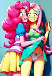 Size: 704x1024 | Tagged: suggestive, ai content, derpibooru import, machine learning generated, prompter:egupskirt00, fluttershy, pinkie pie, equestria girls, g4, ai errors, assisted exposure, belly button, blushing, bowtie panties, butterfly hairpin, clothes, embarrassed, grimace, image, incorrect hand anatomy, jpeg, legs, molestation, panties, personal space invasion, skirt, skirt lift, standing, underwear, upskirt, white underwear