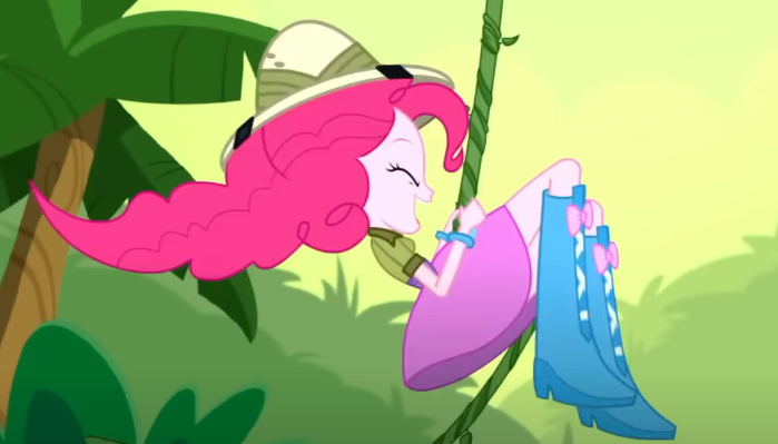 Size: 699x399 | Tagged: safe, derpibooru import, screencap, pinkie pie, human, eqg summertime shorts, equestria girls, g4, the canterlot movie club, cropped, female, forest, hat, image, jungle, my little pony equestria girls: summertime shorts, nature, outdoors, pith helmet, png, swinging, tree, vine