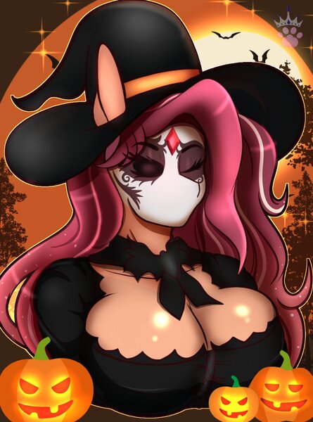 Size: 1519x2048 | Tagged: suggestive, artist:queenkittyok, ponerpics import, oc, unofficial characters only, anthro, big breasts, breasts, cleavage, clothes, female, halloween, hat, holiday, image, jpeg, solo, solo female, witch hat