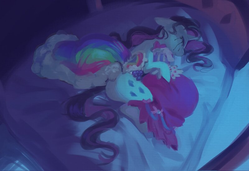 Size: 2048x1407 | Tagged: safe, artist:piesinful, derpibooru import, rarity, pony, unicorn, comic:unlucky day, fanfic:cupcakes, g4, bed, butt, clothes, crying, dress, female, floppy ears, gala dress, horn, image, jpeg, lying down, makeup, mare, on bed, plot, rearity, running makeup, side, solo