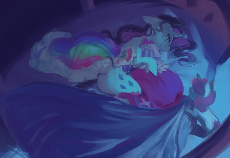 Size: 2048x1407 | Tagged: safe, alternate version, artist:piesinful, derpibooru import, rarity, sweetie belle, pony, unicorn, comic:unlucky day, fanfic:cupcakes, g4, bed, belle sisters, butt, clothes, crying, dress, duo, duo female, female, filly, floppy ears, foal, gala dress, horn, image, jpeg, lying down, makeup, mare, on bed, plot, rearity, running makeup, siblings, side, sisters, tucking in