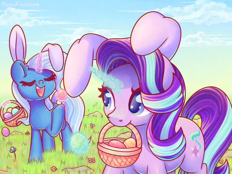 Size: 1600x1200 | Tagged: safe, artist:musicfirewind, derpibooru import, starlight glimmer, trixie, pony, unicorn, g4, basket, bunny ears, cloud, duo, duo female, easter, easter basket, easter egg, eyes closed, female, flower, glow, glowing horn, grass, grass field, happy, holiday, horn, image, levitation, magic, magic aura, mare, open mouth, outdoors, png, raised hoof, sky, tail, telekinesis