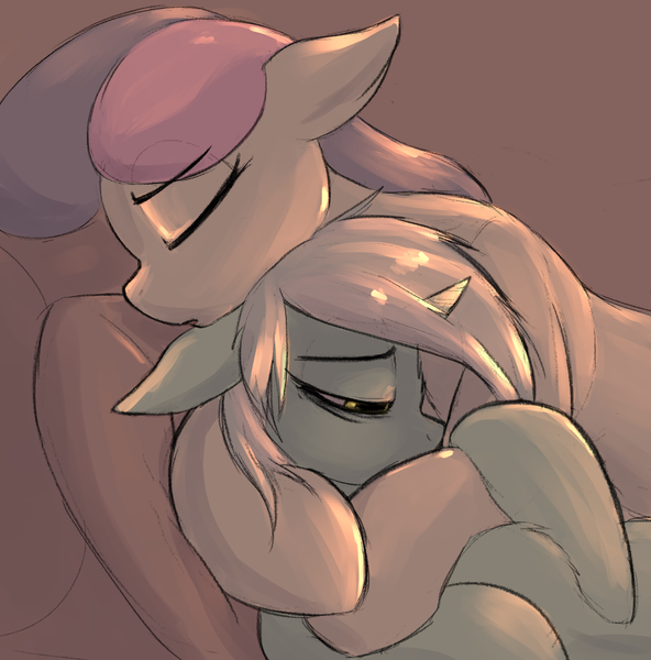 Size: 1293x1311 | Tagged: safe, artist:candel, derpibooru import, bon bon, lyra heartstrings, sweetie drops, earth pony, pony, unicorn, g4, bags under eyes, cuddling, eyes closed, female, horn, hug, image, lesbian, lyrabon, mare, png, sad, shipping