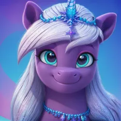 Size: 1456x1456 | Tagged: prompter needed, safe, ai content, derpibooru import, machine learning generated, pony, g5, abstract background, auroricorn, bust, female, image, jewelry, jpeg, looking at you, mare, portrait, solo, violet frost